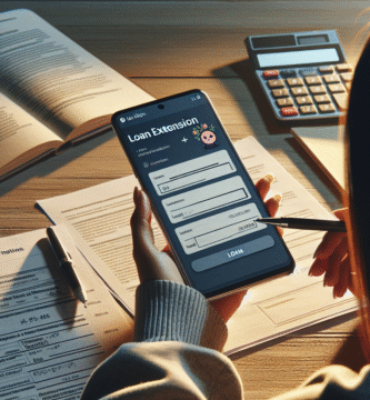 A thoughtful scene of a borrower weighing options: smartphone showing a loan extension screen, a calculator, and notes on alternatives. Modern fintech UI, soft neutral tones, realistic style.