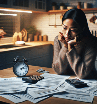 A thoughtful, modern image showing a worried borrower reviewing loan documents at a kitchen table with a smartphone and calculator nearby; warm lighting, realistic style, subtle icons representing fees and time (clock)