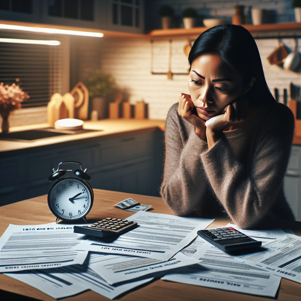 A thoughtful, modern image showing a worried borrower reviewing loan documents at a kitchen table with a smartphone and calculator nearby; warm lighting, realistic style, subtle icons representing fees and time (clock)
