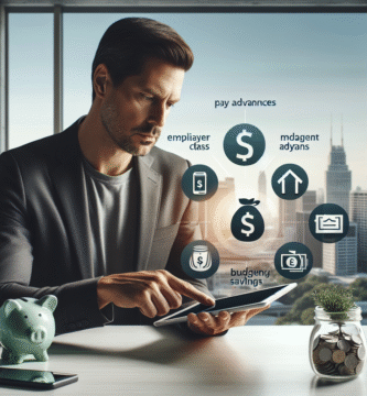 A calm, modern financial scene showing a person comparing affordable short-term cash options on a tablet, with icons for credit unions, employer pay advances, budgeting apps, and emergency savings jar