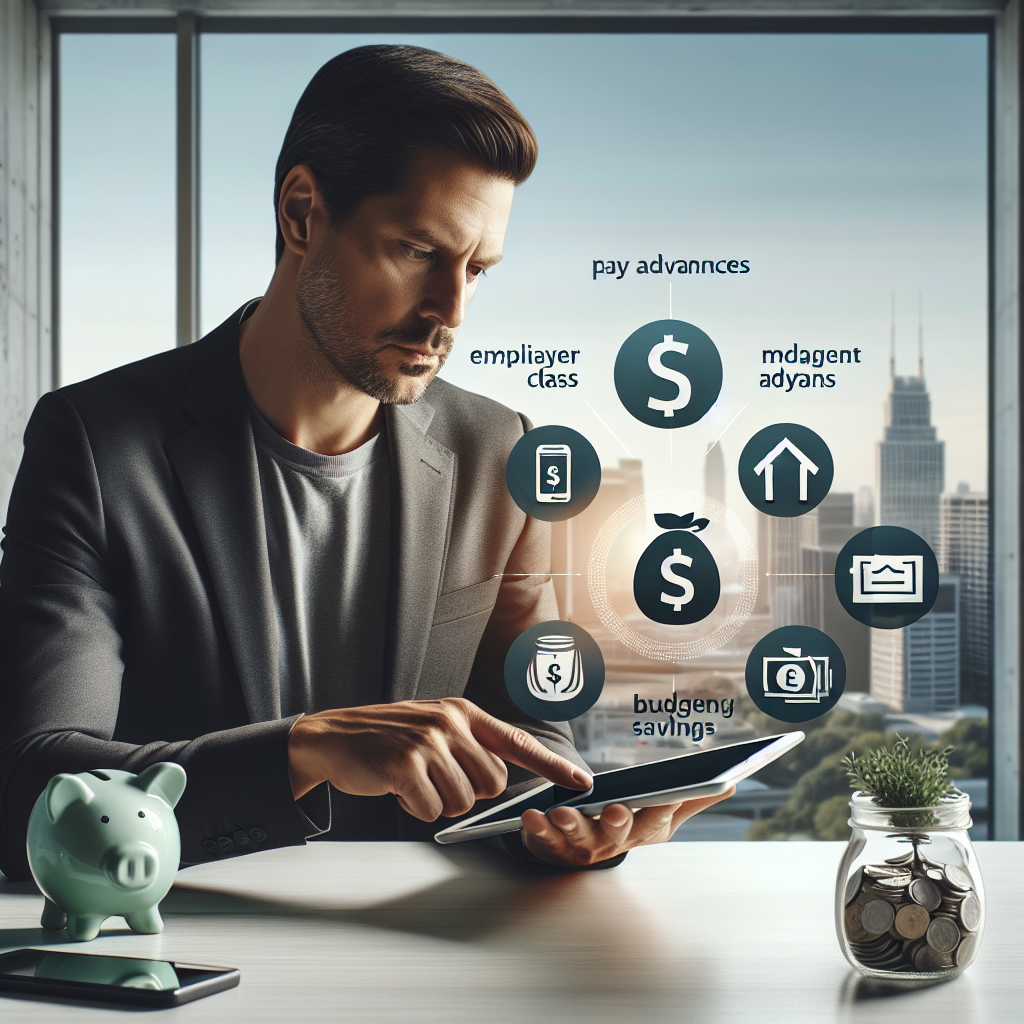 A calm, modern financial scene showing a person comparing affordable short-term cash options on a tablet, with icons for credit unions, employer pay advances, budgeting apps, and emergency savings jar