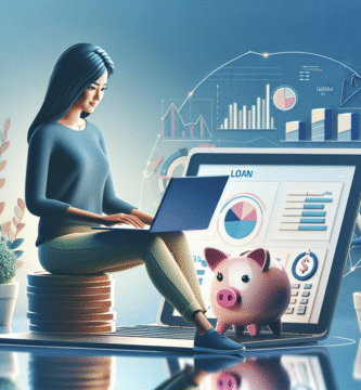 A modern, clean illustration of a person comparing personal loan offers on a laptop, with charts, a piggy bank, and a calculator on a bright background