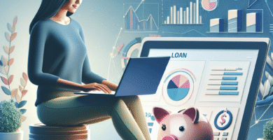 A modern, clean illustration of a person comparing personal loan offers on a laptop, with charts, a piggy bank, and a calculator on a bright background