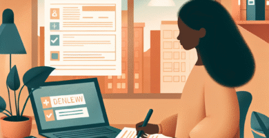 A friendly community resource center scene: a person sitting at a table with application forms, calculator, and a laptop displaying benefit information; warm, hopeful tones.