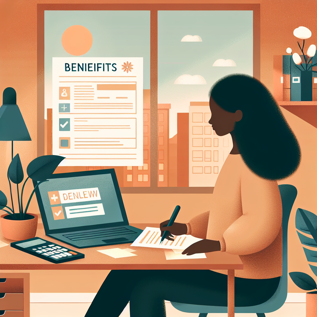 A friendly community resource center scene: a person sitting at a table with application forms, calculator, and a laptop displaying benefit information; warm, hopeful tones.