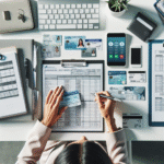 A clean, modern overhead shot of a person organizing documents on a desk: ID, pay stubs, smartphone with a secure lender website visible, and a calendar — bright, professional style