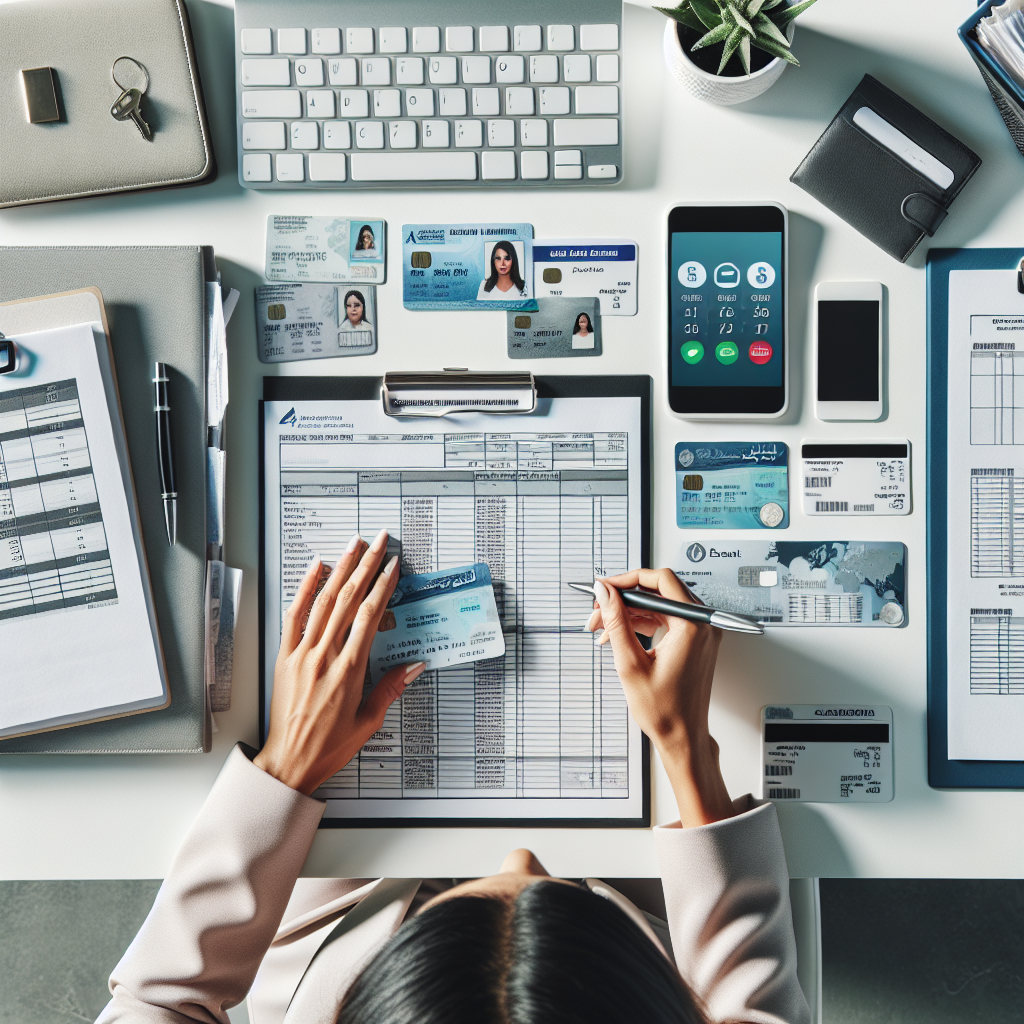 A clean, modern overhead shot of a person organizing documents on a desk: ID, pay stubs, smartphone with a secure lender website visible, and a calendar — bright, professional style