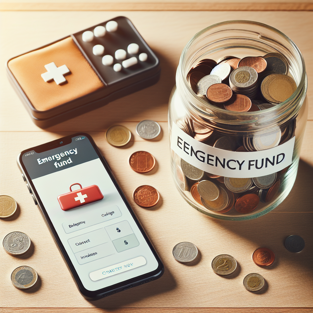 A warm, modern flat-lay showing a glass jar labeled 'Emergency Fund', a smartphone with a budgeting app, scattered coins and a small first-aid kit on a clean wooden table, soft natural light