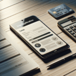 A modern smartphone displaying a loan application form, a printed checklist, ID card, and calculator on a clean wooden desk, soft natural lighting