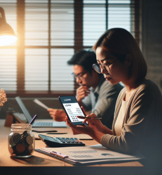 A modern, clean graphic showing a digital payment calculator on a smartphone screen, with loan figures and charts, and a person reviewing finances at a desk