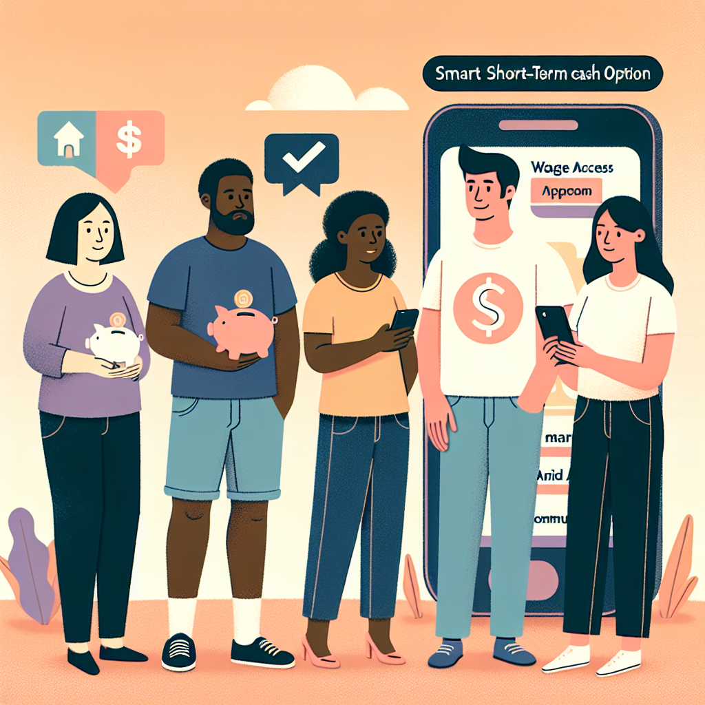 A friendly, modern illustration of a person choosing smarter short-term cash options: icons for a credit union, piggy bank, wage access app, and community aid, soft colors