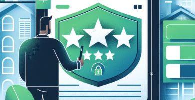 Modern banner of a borrower comparing lender ratings on a tablet, with star ratings, shield icon for security, and green-blue palette conveying trust and clarity