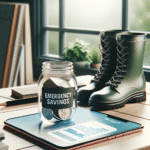 A calm, modern desktop scene showing a small emergency savings jar, a smartphone with a budgeting app open, and a pair of sturdy rain boots, soft natural lighting