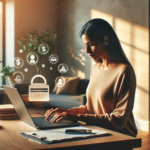 A calm, modern image of a person at a desk reviewing credit reports and setting up a budget on a laptop, with soft lighting and financial icons indicating recovery and security