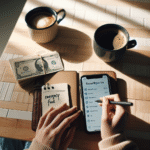 A calm, modern scene showing a person organizing finances at a kitchen table: smartphone with budgeting app, small notepad labeled 'Emergency Fund', a cup of coffee, soft natural light, inclusive diverse hands, clean flat-lay style